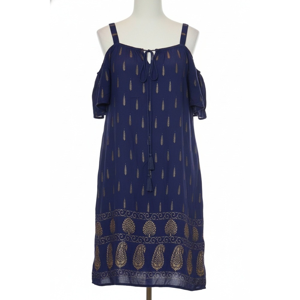 Cold-Shoulder Navy Dress with Gold Print